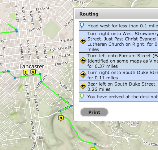 While you can create turn by turn directions with google or Mapquest, they don't let you create your own custom turn by turn directions. WikiMapping does. For instance, you can say, "Turn right onto the sidewalk to cross the bridge." Visitors can create directions between any two points on your custom route. This data can be made audible via an iOS or android app, which we can customize.