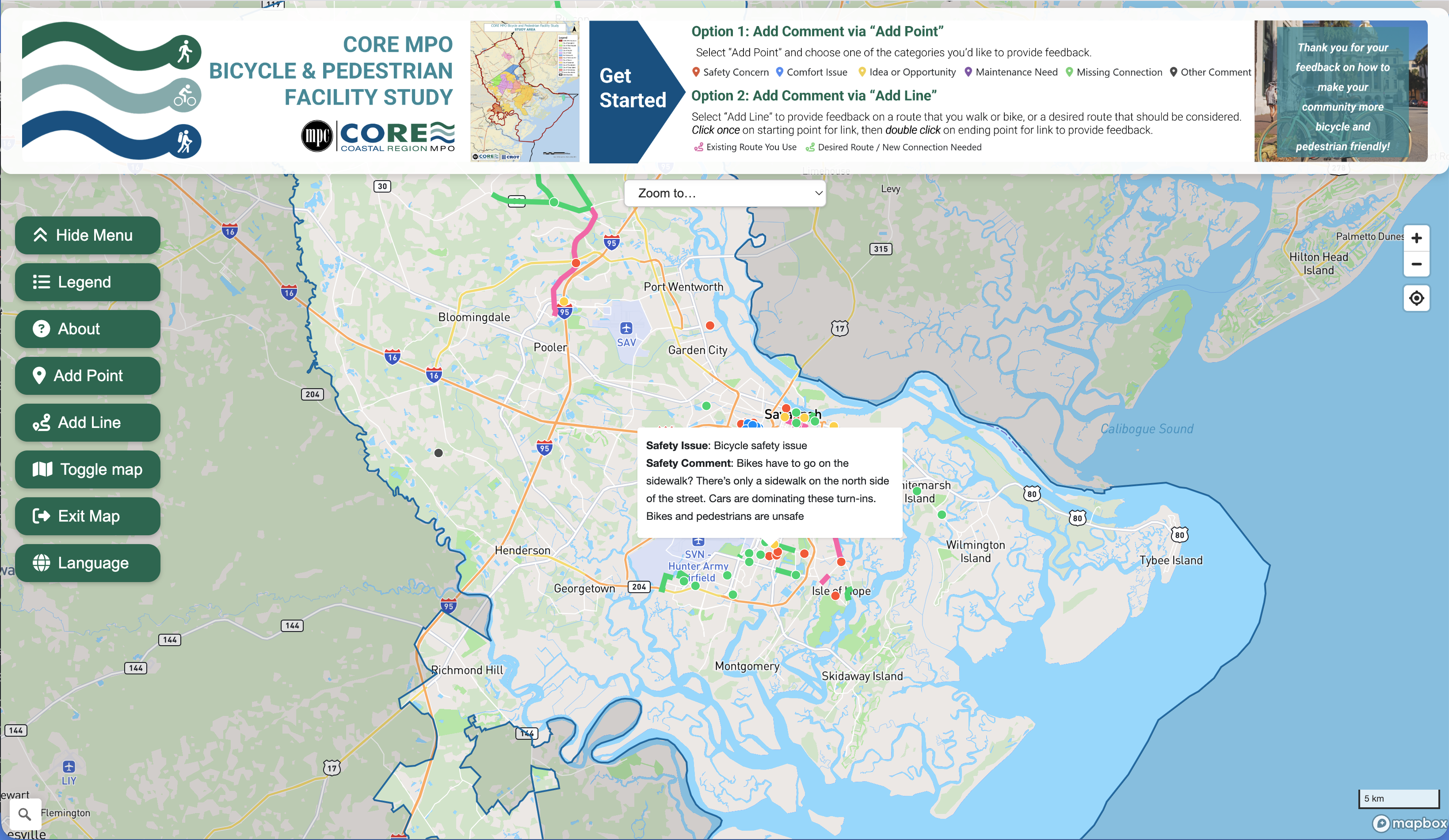 CORE MPO community input map showing hundreds of survey responses across Savannah