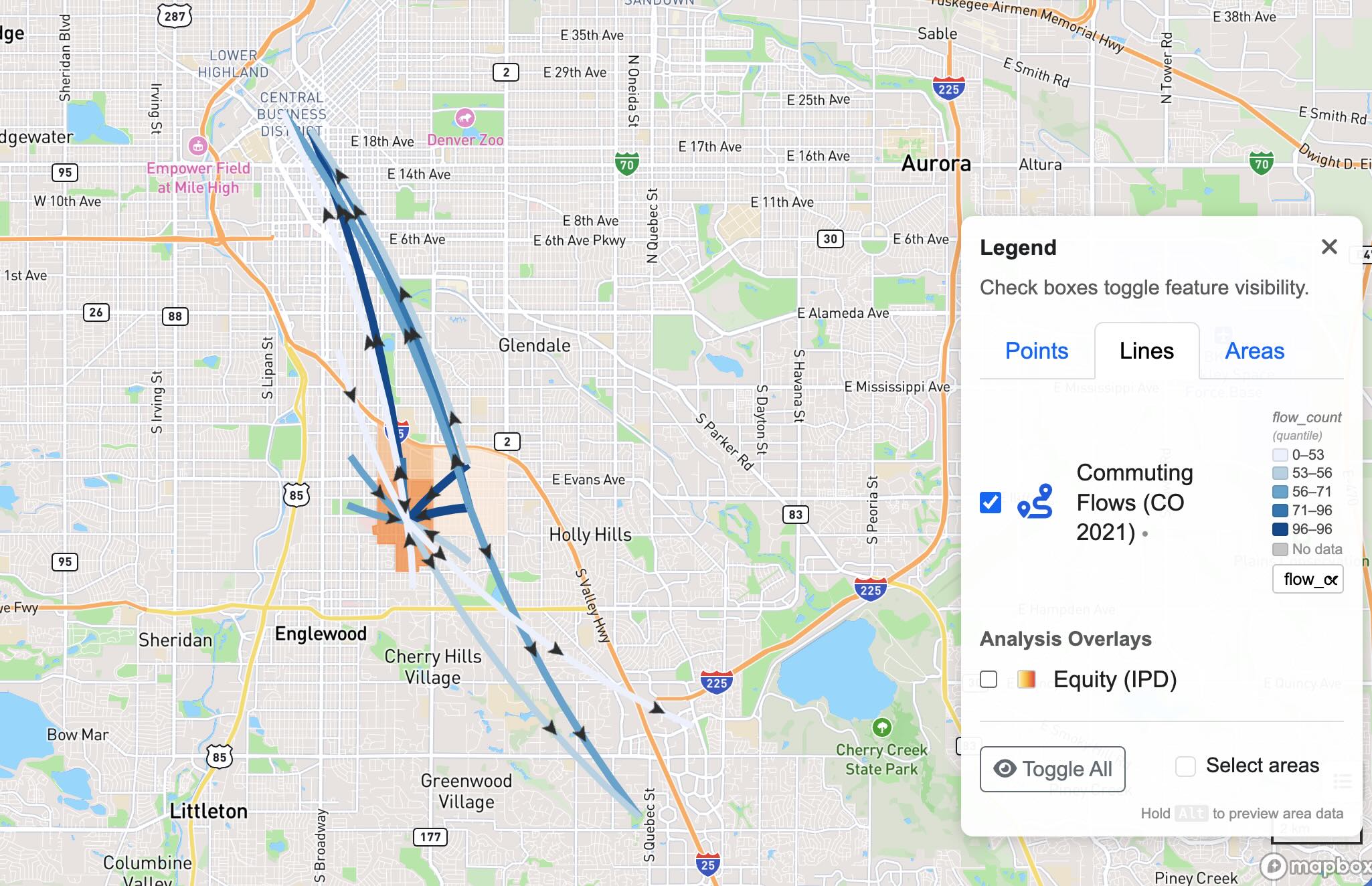 Census commuting flow analysis showing curved arc lines between tracts