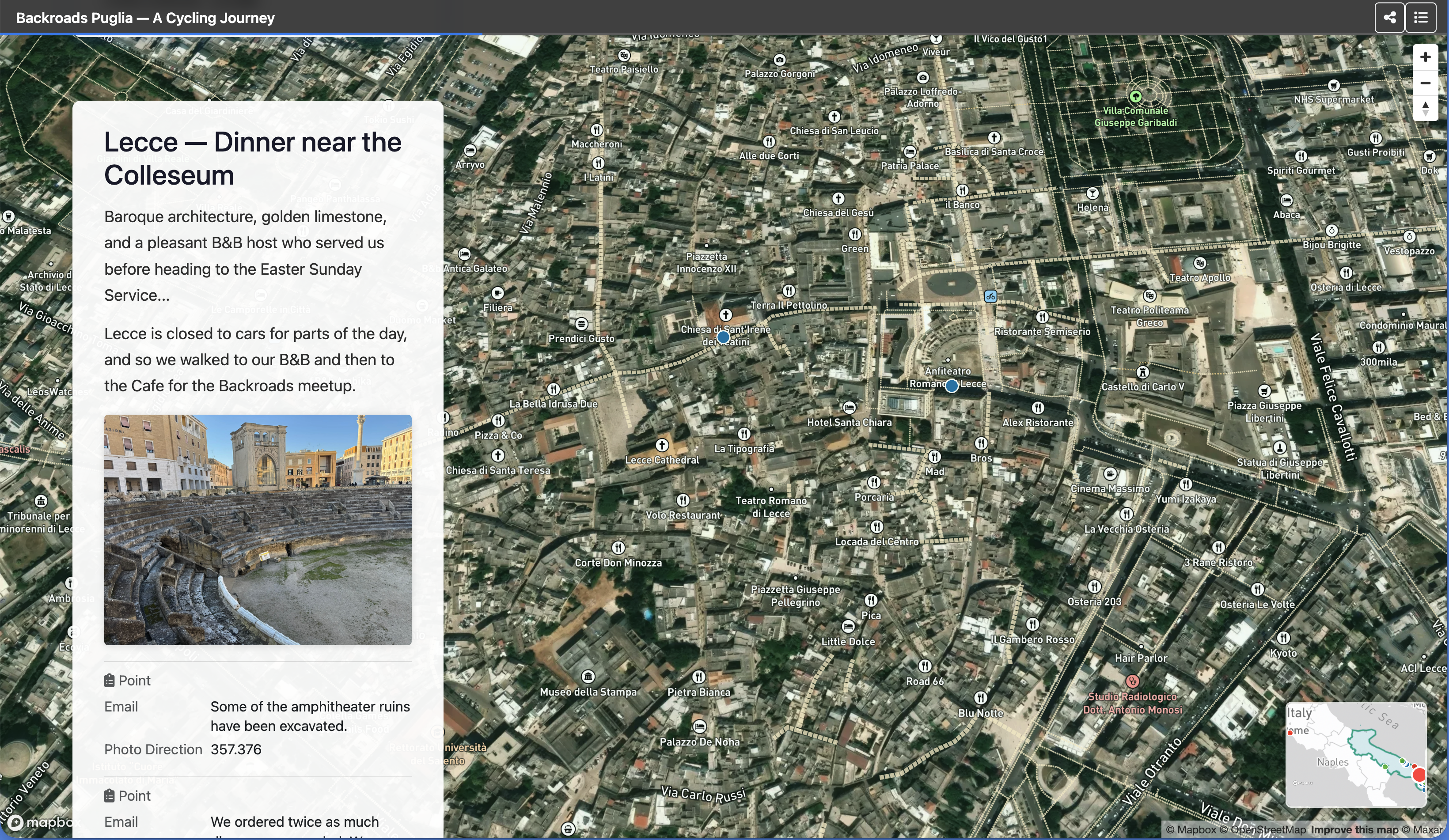 Backroads Puglia cycling story with satellite view of Lecce and narrative text