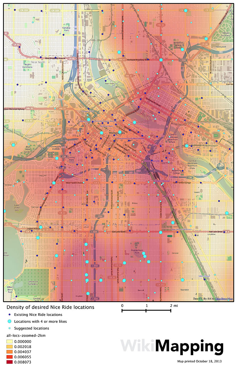 A heatmap from Nice Ride MN's wikimap